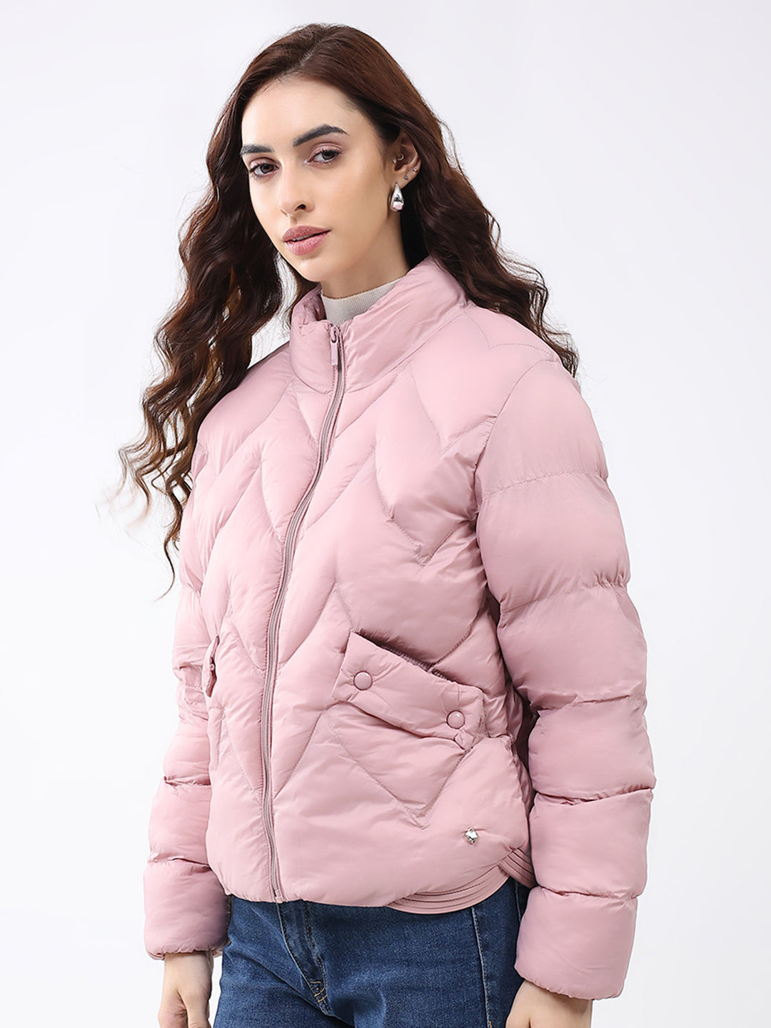 Women Pink Solid Mock Neck Full Sleeve Jacket