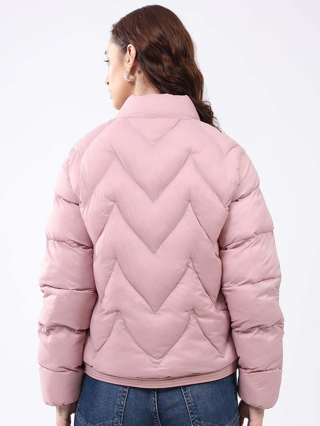 Women Pink Solid Mock Neck Full Sleeve Jacket