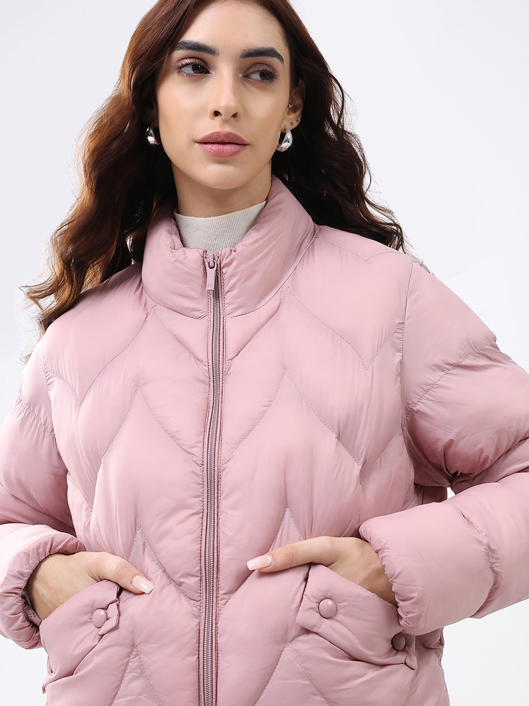 Women Pink Solid Mock Neck Full Sleeve Jacket