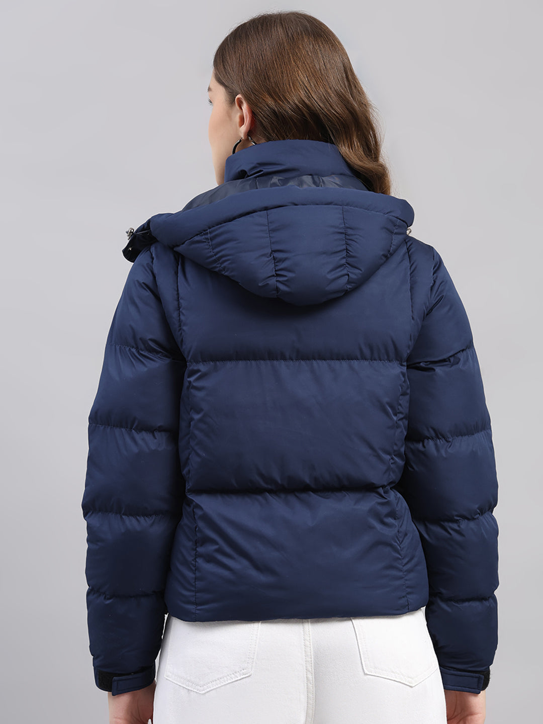 Women Blue Solid Hooded Full Sleeve Jacket