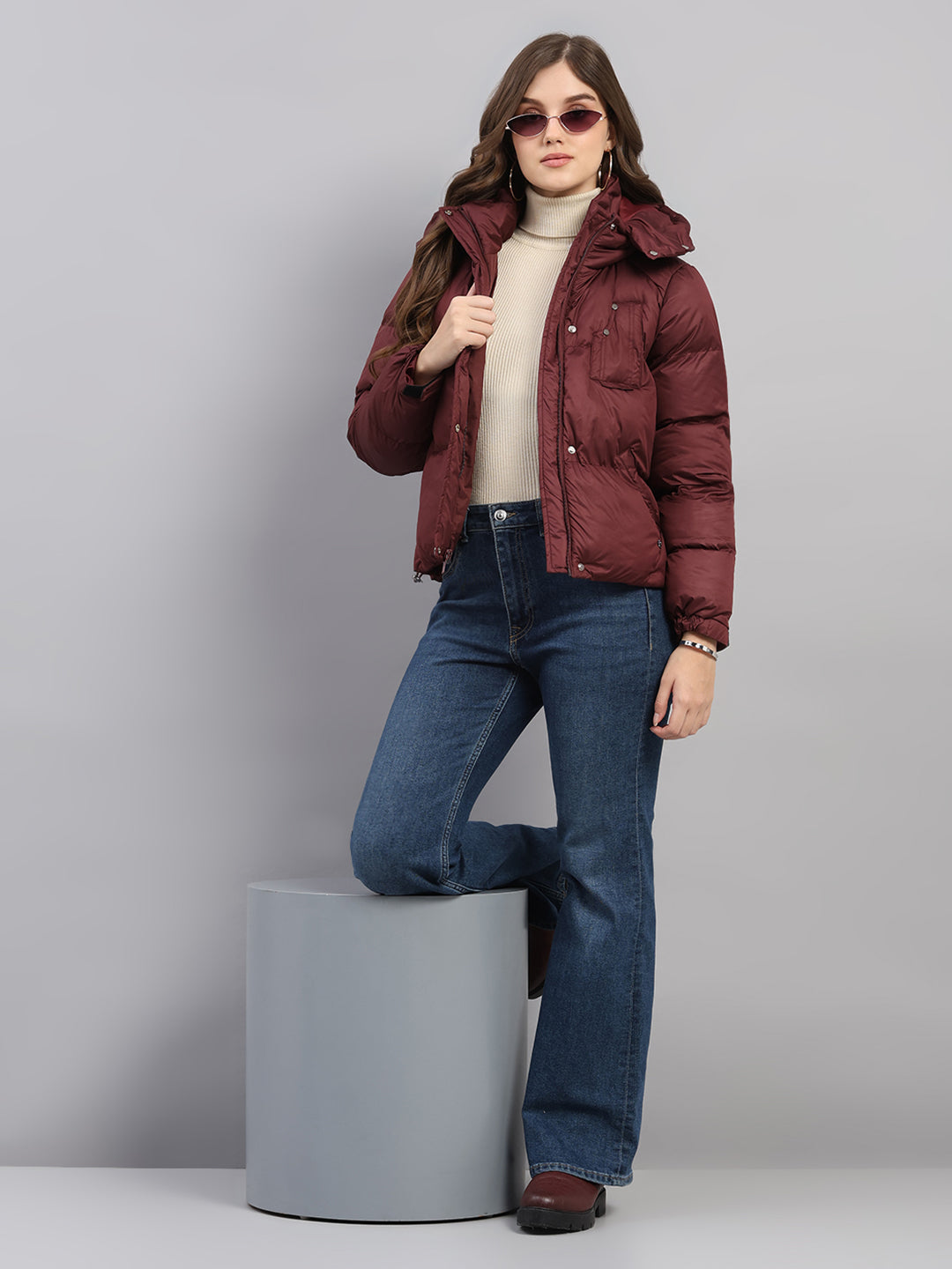 Women Burgundy Solid Hooded Full Sleeve Jacket