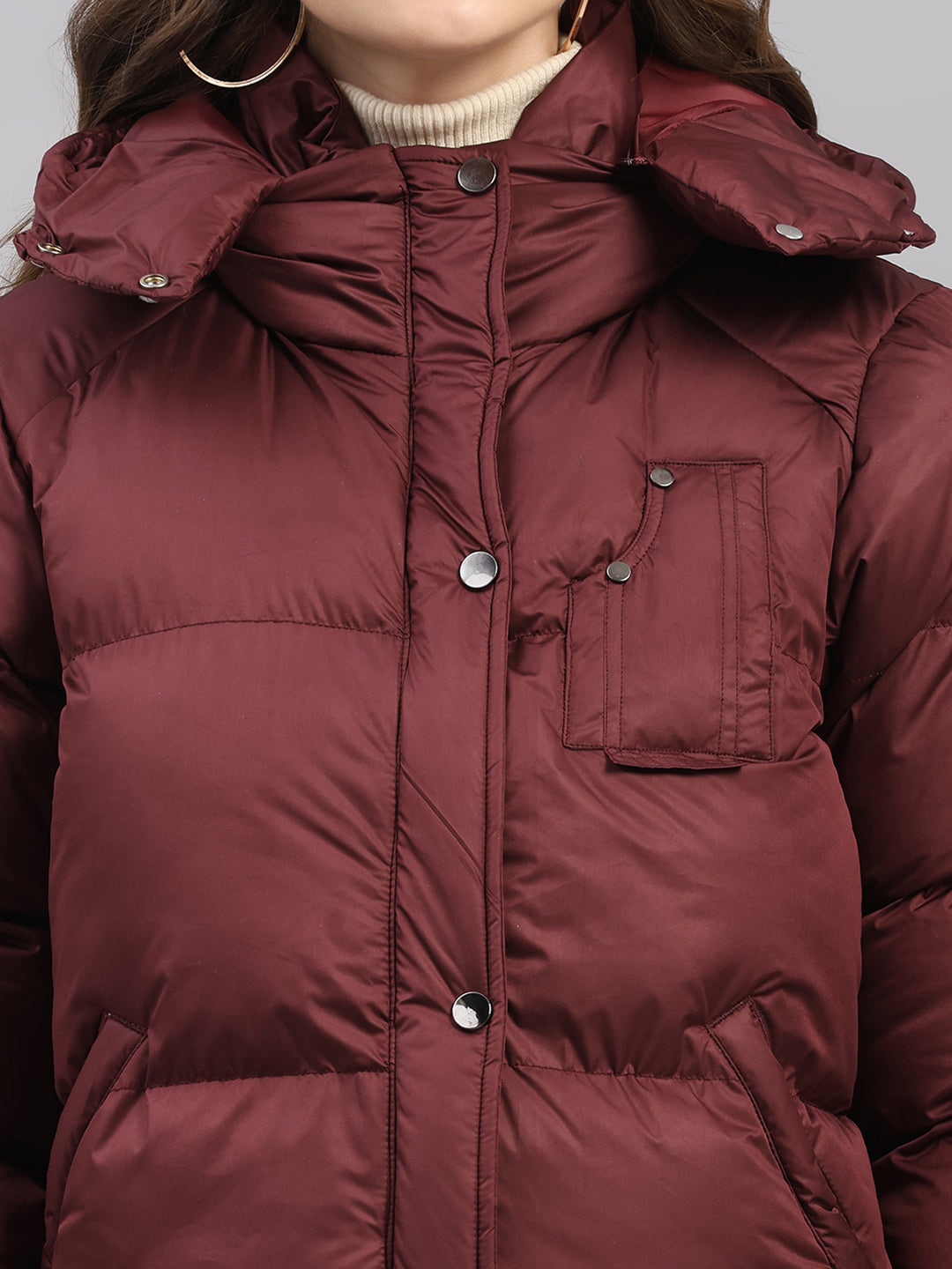 Women Burgundy Solid Hooded Full Sleeve Jacket