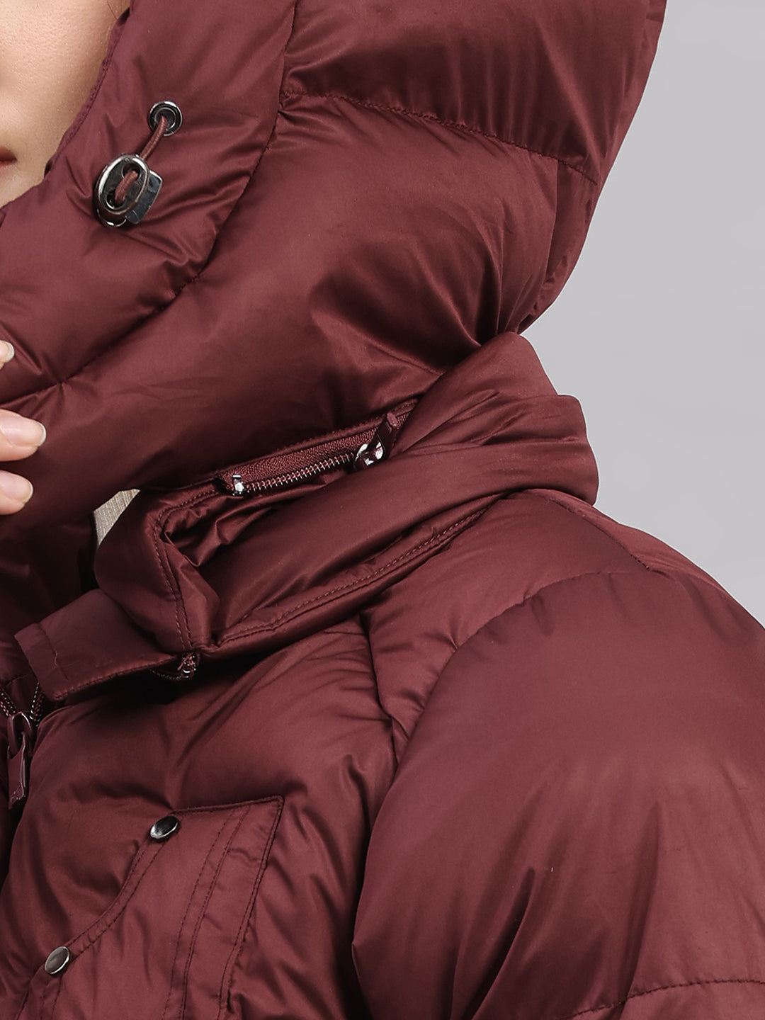 Women Burgundy Solid Hooded Full Sleeve Jacket