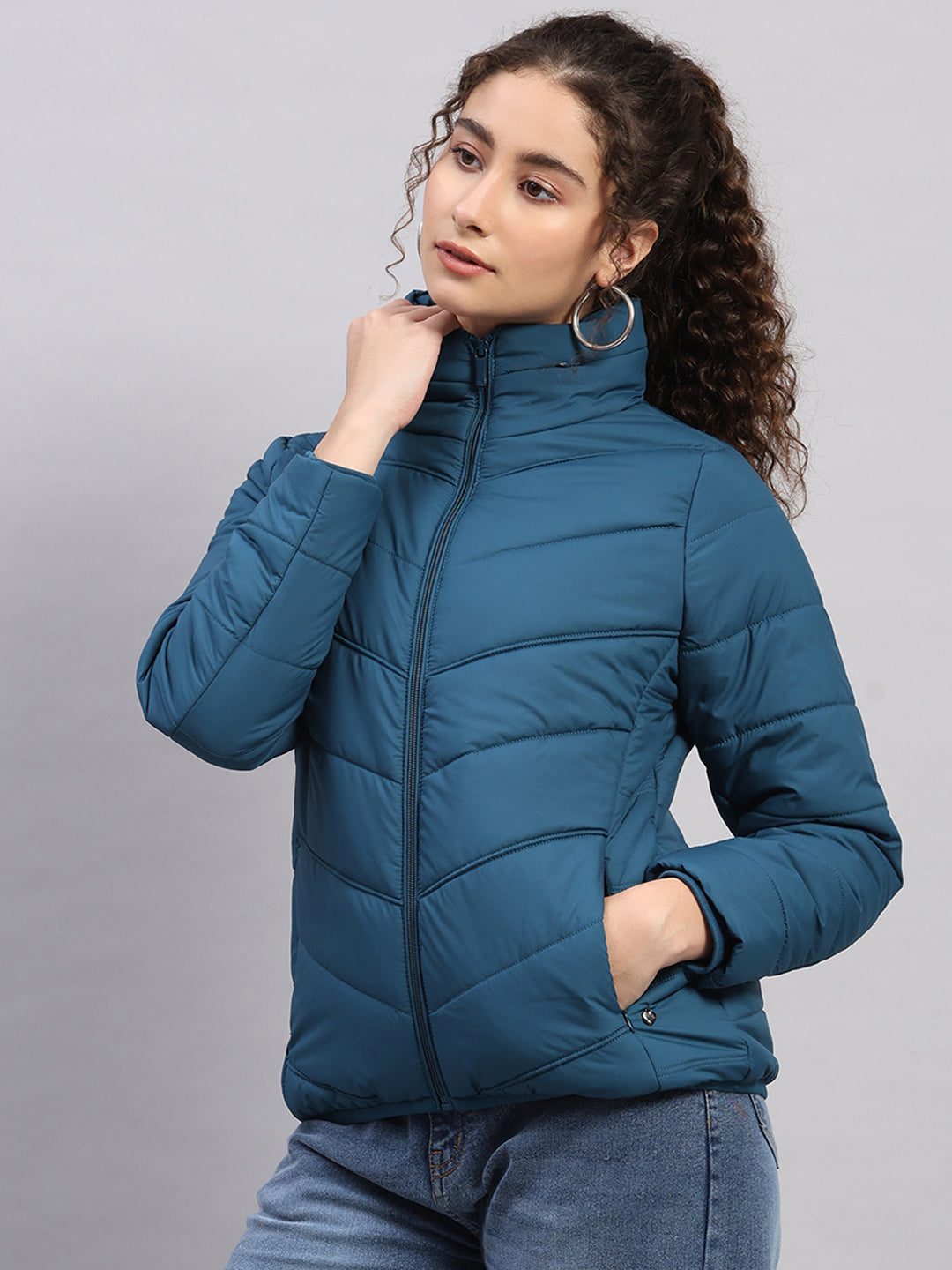 Women Teal Blue Self Design Collar Full Sleeve Jacket