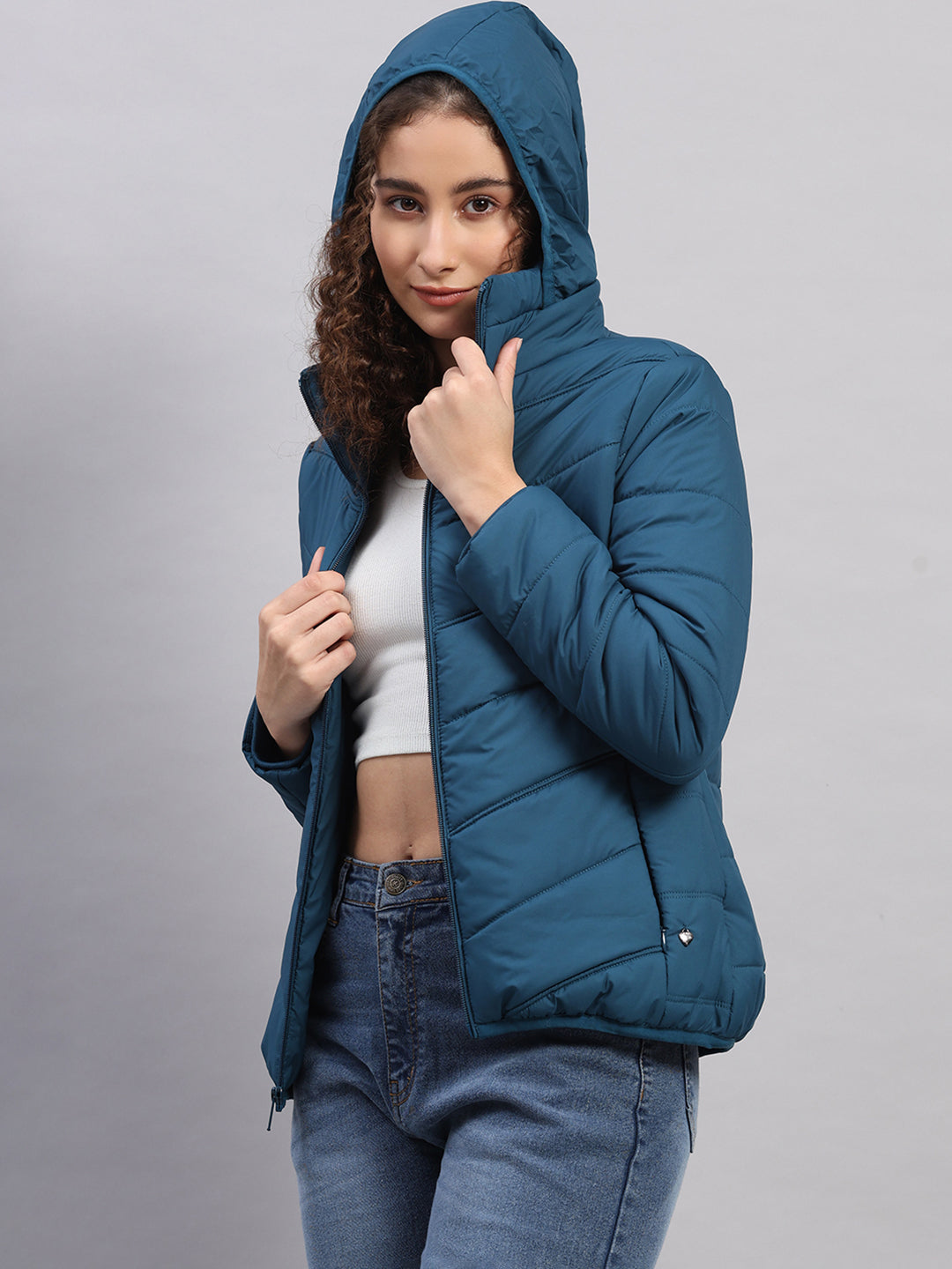 Women Teal Blue Self Design Collar Full Sleeve Jacket