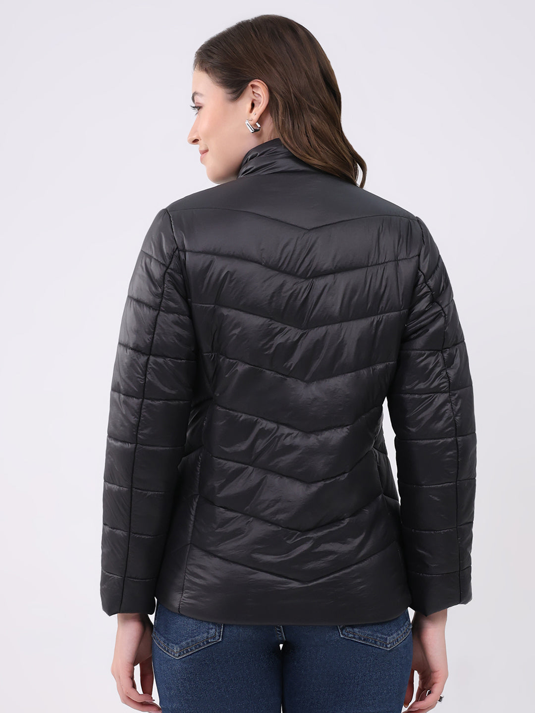 Women Black Solid Mock Neck Full Sleeve Jacket