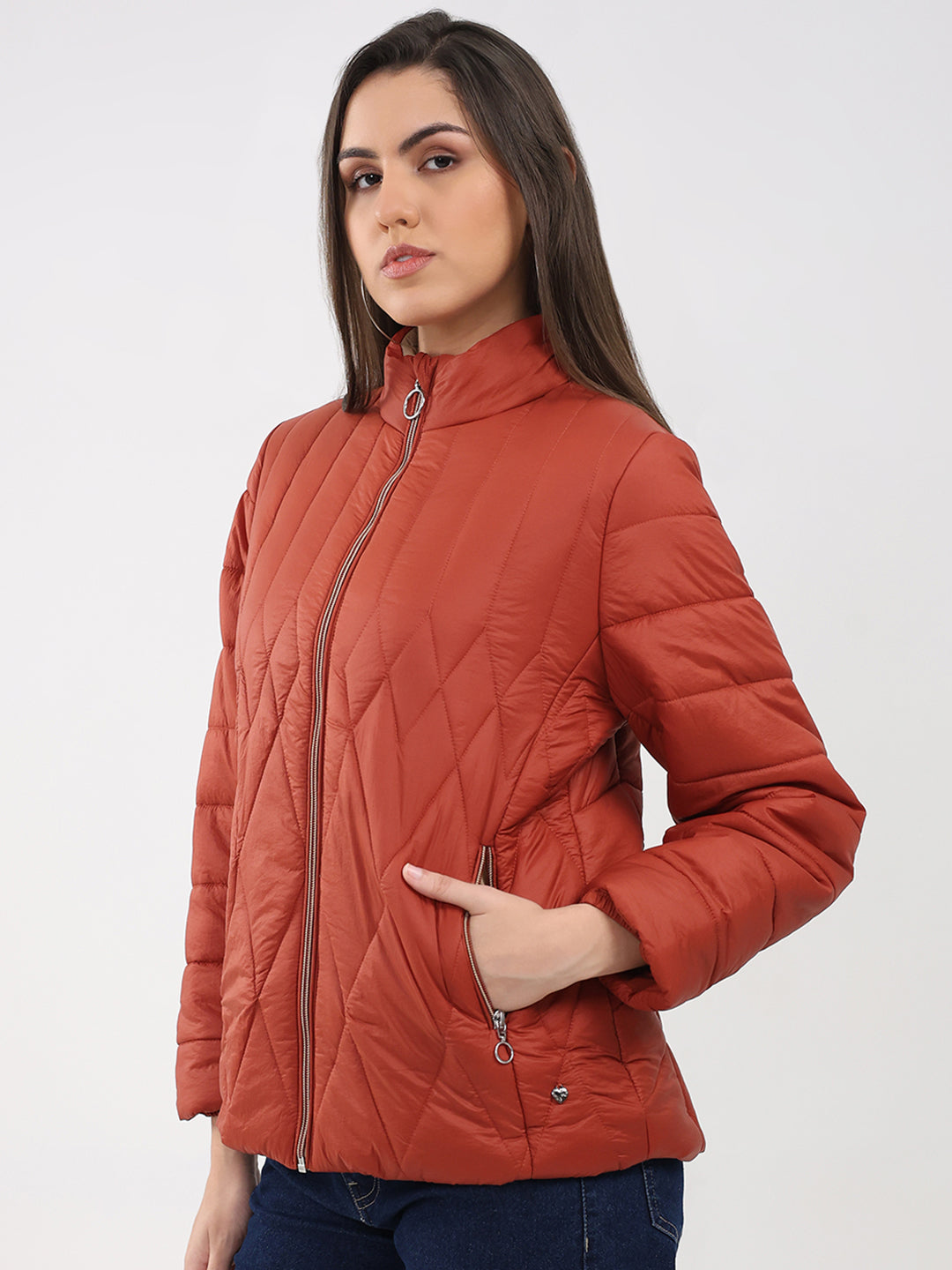 Women Rust Solid Mock Neck Full Sleeve Jacket
