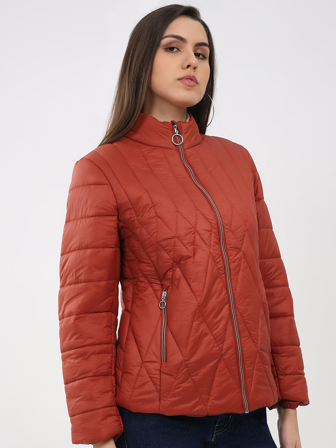 Women Rust Solid Mock Neck Full Sleeve Jacket