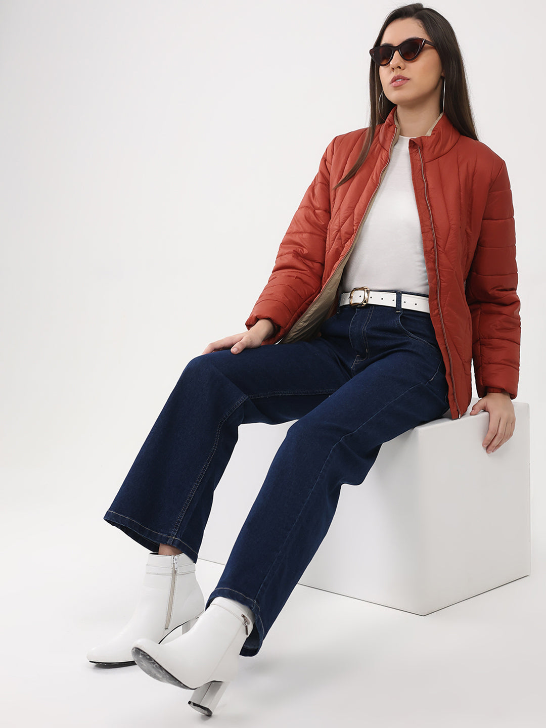 Women Rust Solid Mock Neck Full Sleeve Jacket
