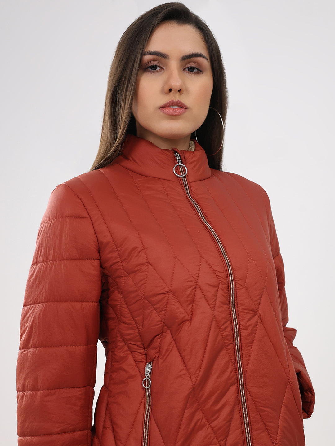 Women Rust Solid Mock Neck Full Sleeve Jacket