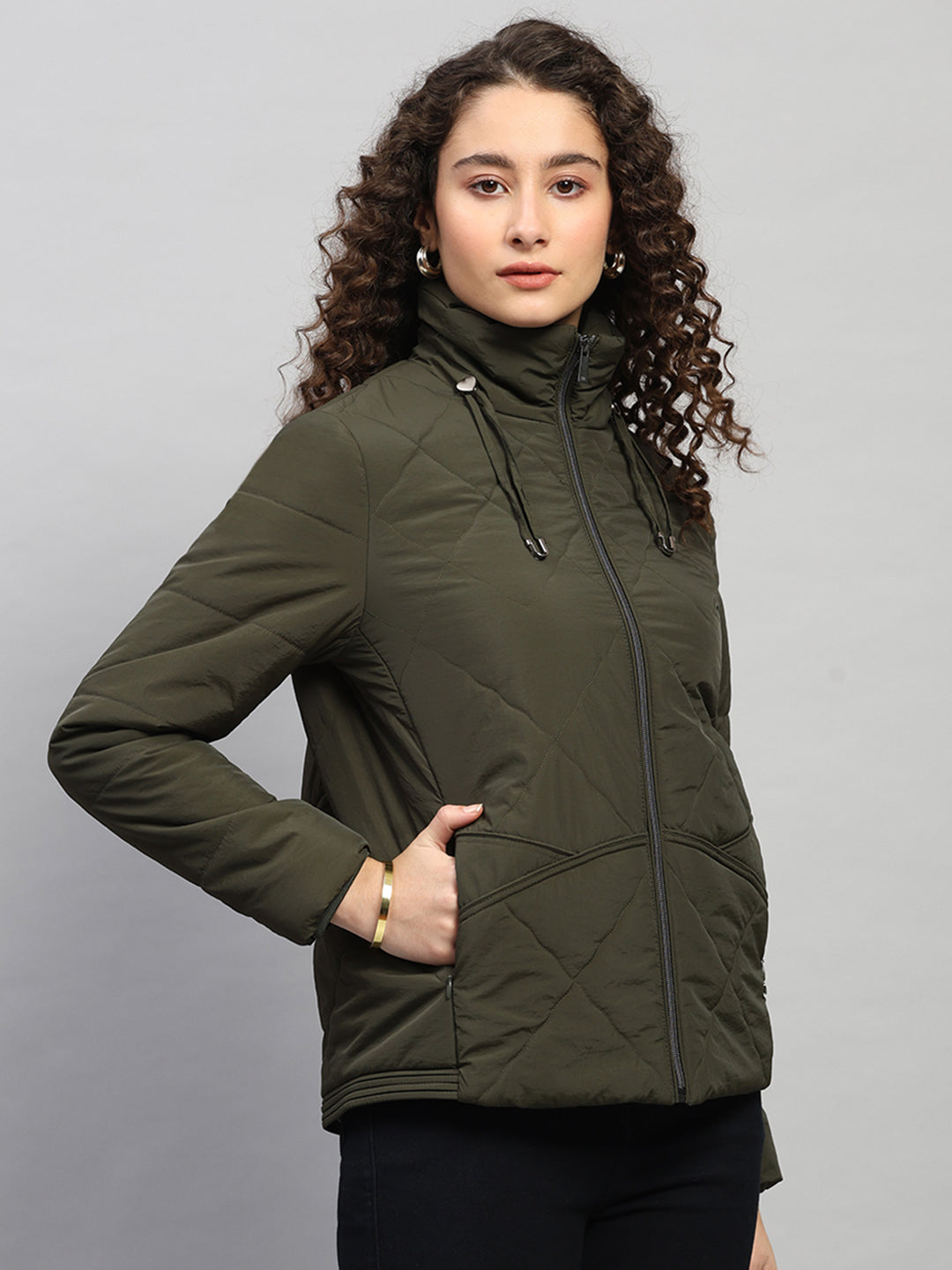 Women Olive Solid Collar Full Sleeve Jacket