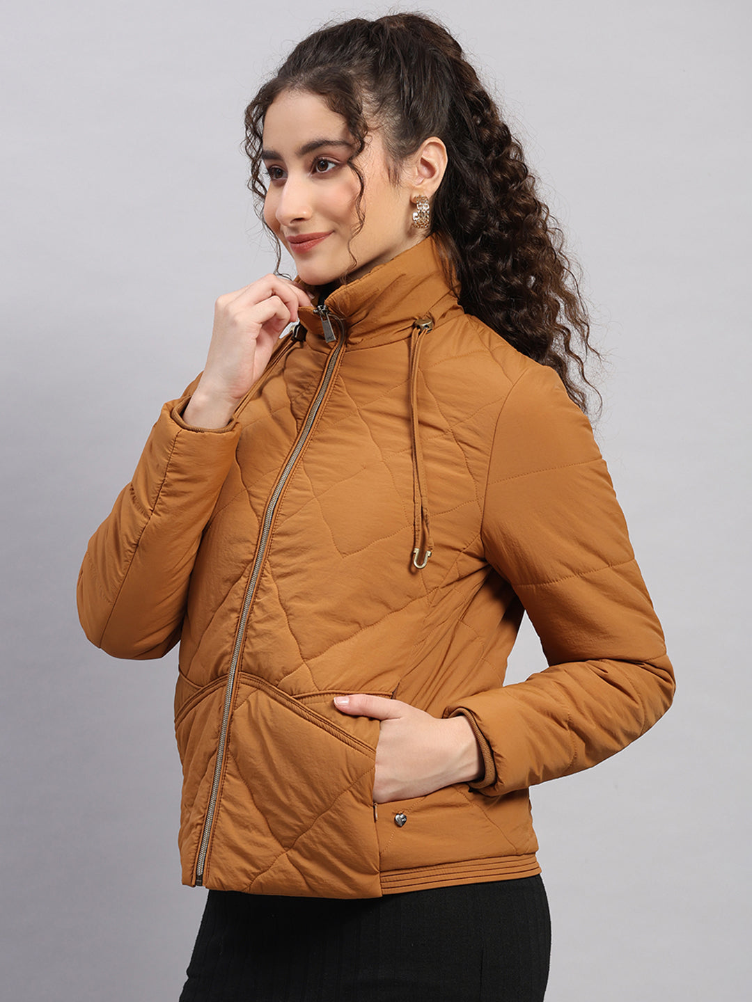 Women Brown Solid Collar Full Sleeve Jacket