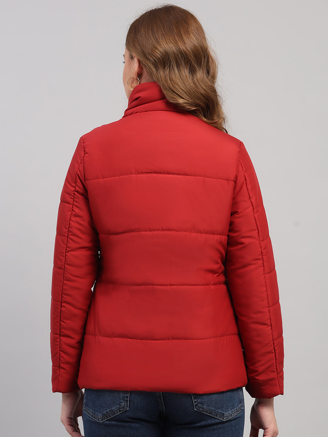 Women Red Solid Collar Full Sleeve Jacket