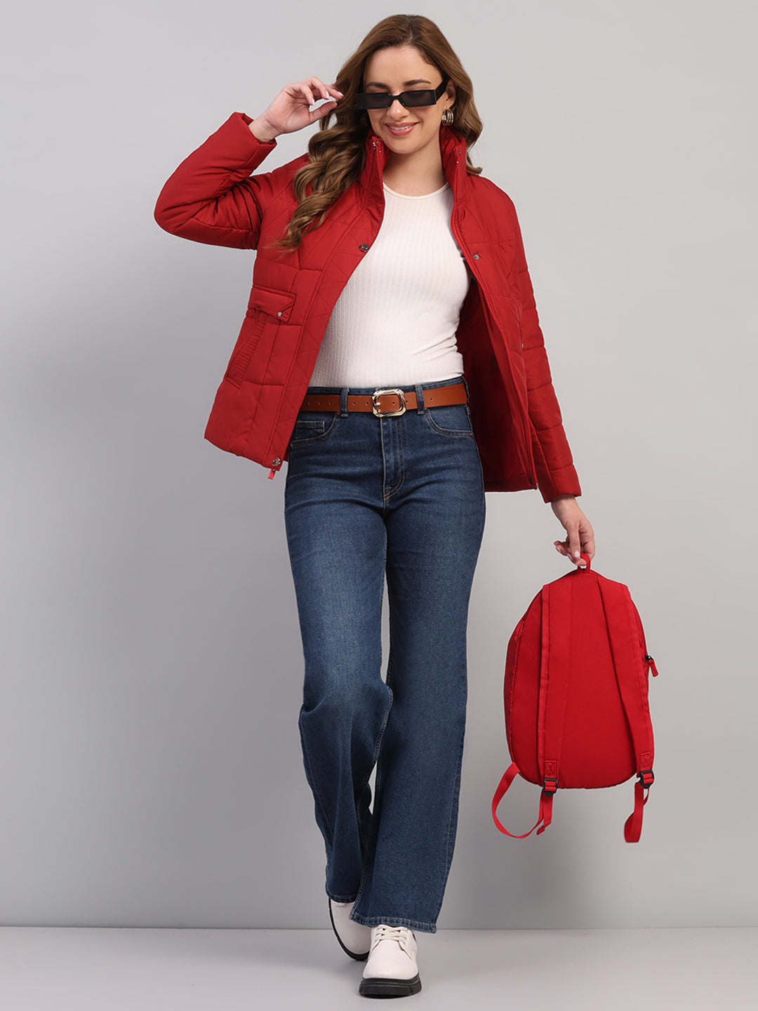 Women Red Solid Collar Full Sleeve Jacket