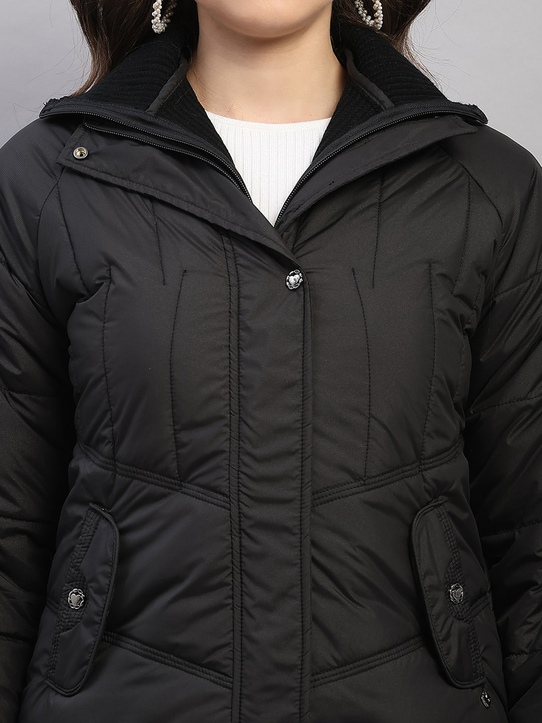 Women Black Printed Collar Full Sleeve Jacket