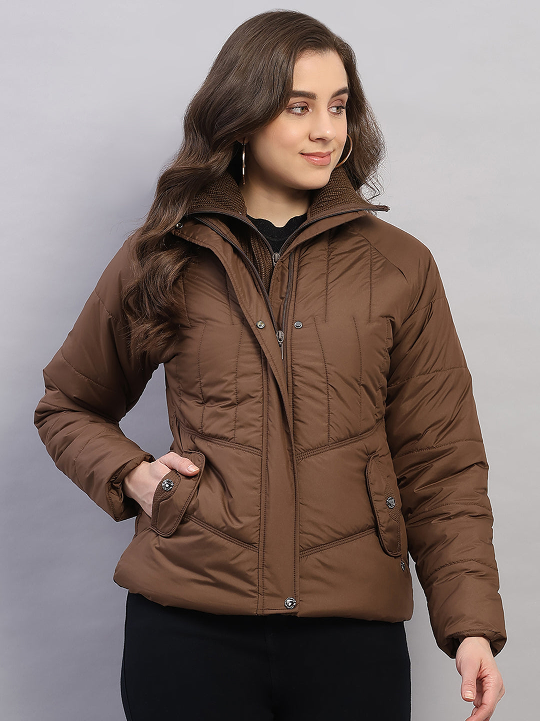 Women Brown Printed Collar Full Sleeve Jacket