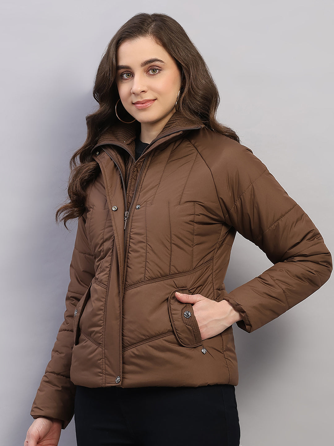 Women Brown Printed Collar Full Sleeve Jacket