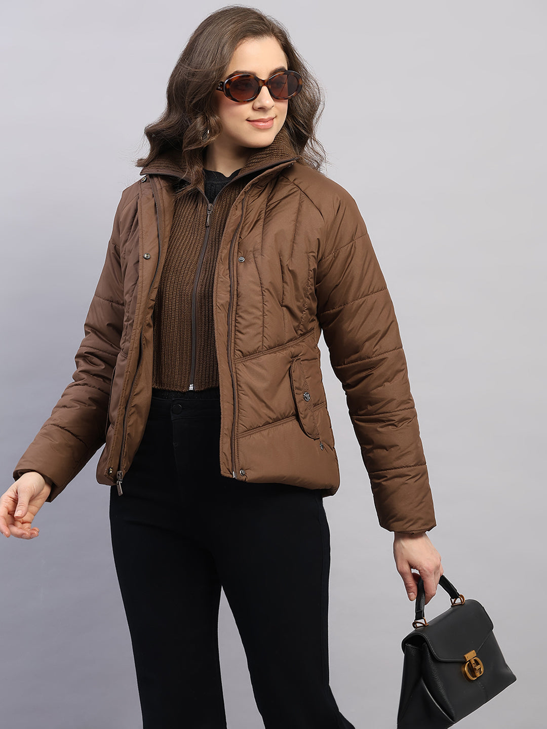 Women Brown Printed Collar Full Sleeve Jacket