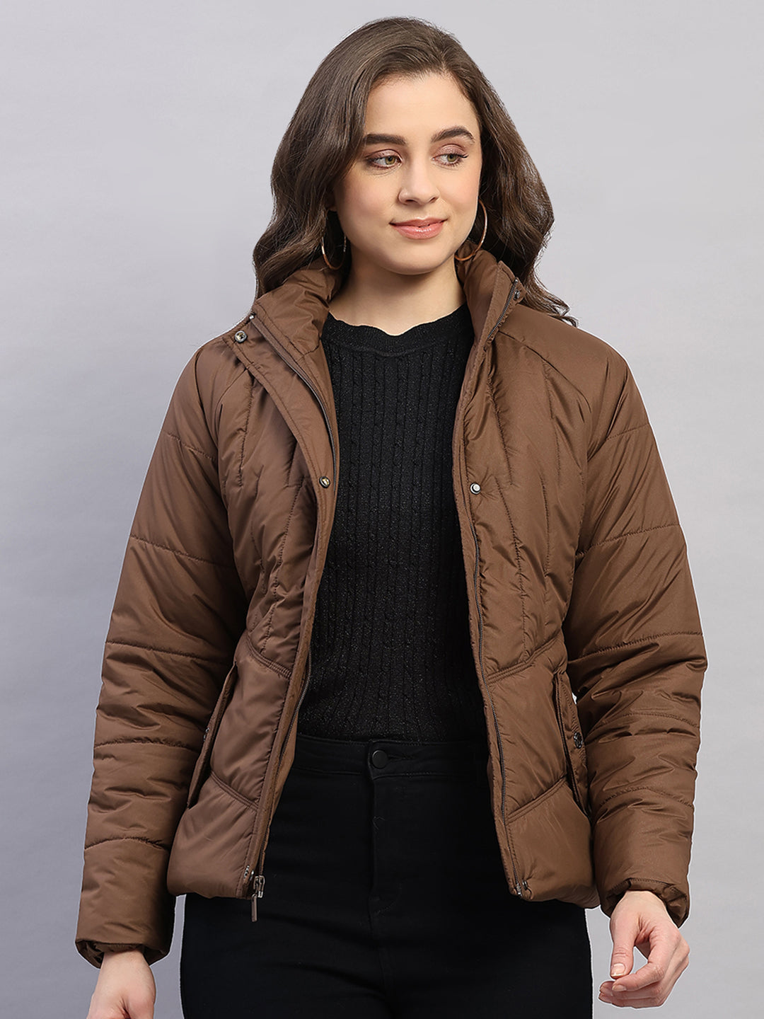 Women Brown Printed Collar Full Sleeve Jacket