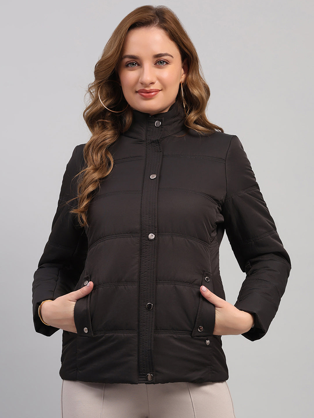 Women Charcoal Solid Collar Full Sleeve Jacket