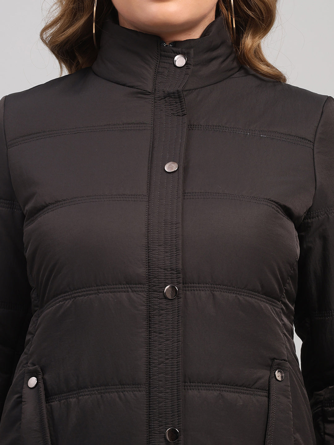 Women Charcoal Solid Collar Full Sleeve Jacket