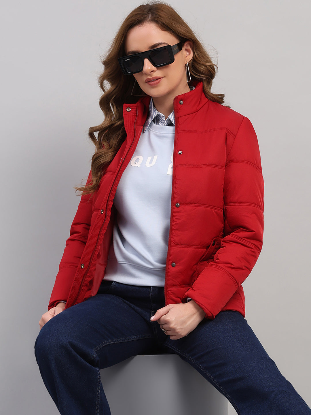 Women Red Solid Collar Full Sleeve Jacket