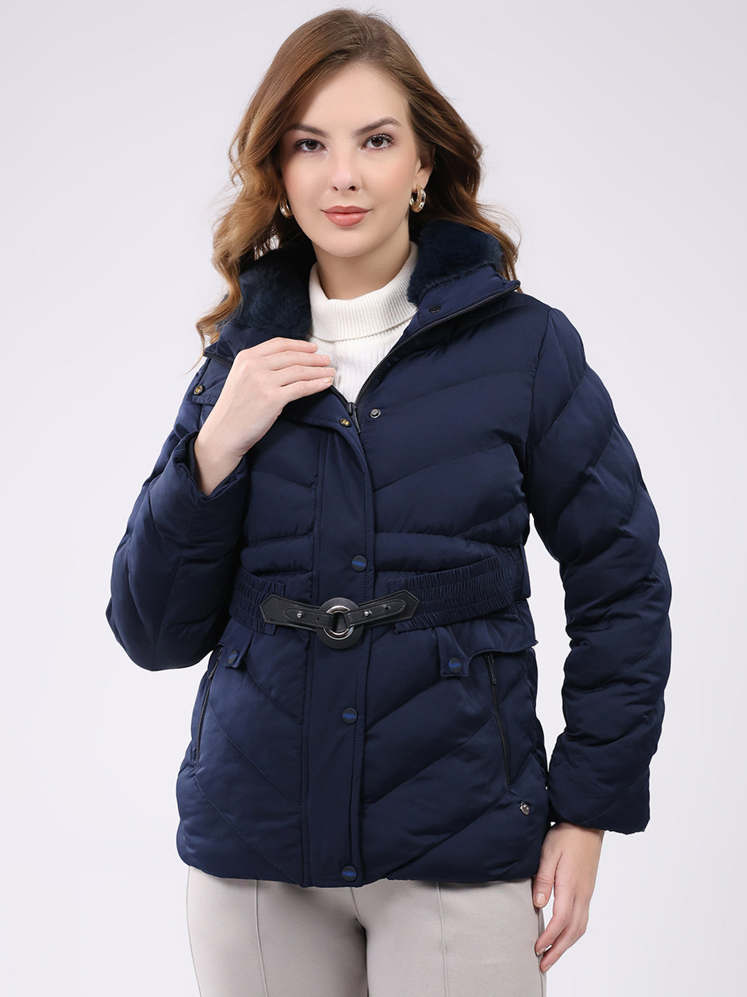 Women Navy Blue Solid Collar Full Sleeve Jacket