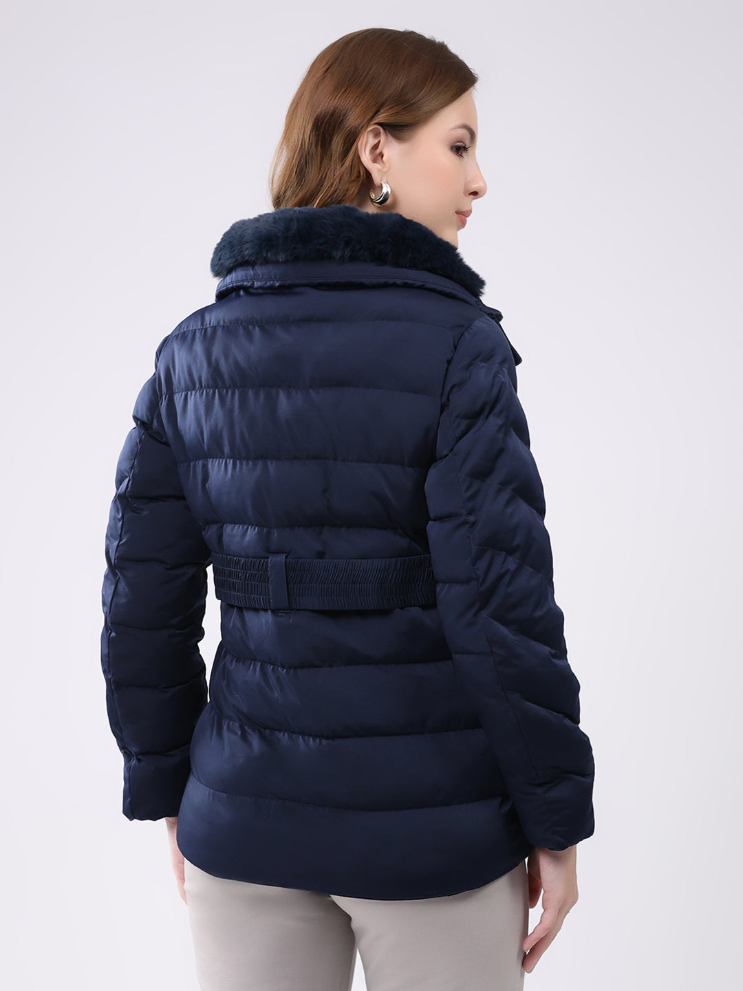Women Navy Blue Solid Collar Full Sleeve Jacket