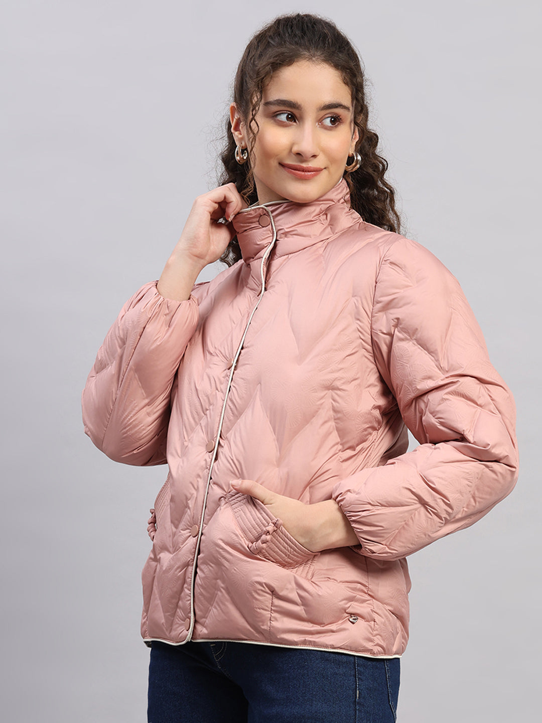 Women Peach Self Design Collar Full Sleeve Jacket