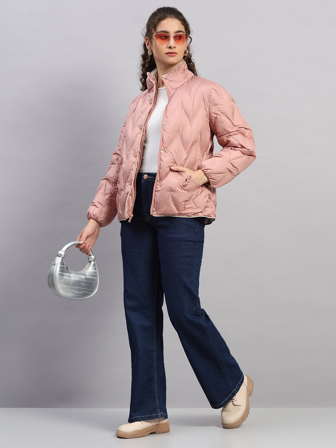 Women Peach Self Design Collar Full Sleeve Jacket
