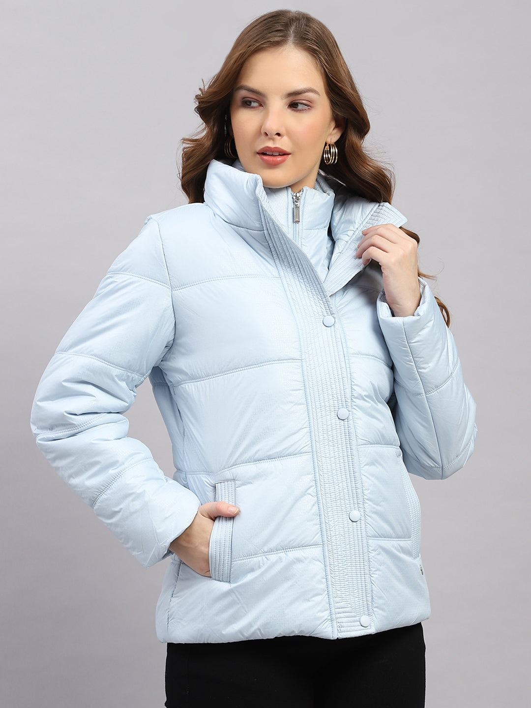 Women Sky Blue Printed Collar Full Sleeve Jacket