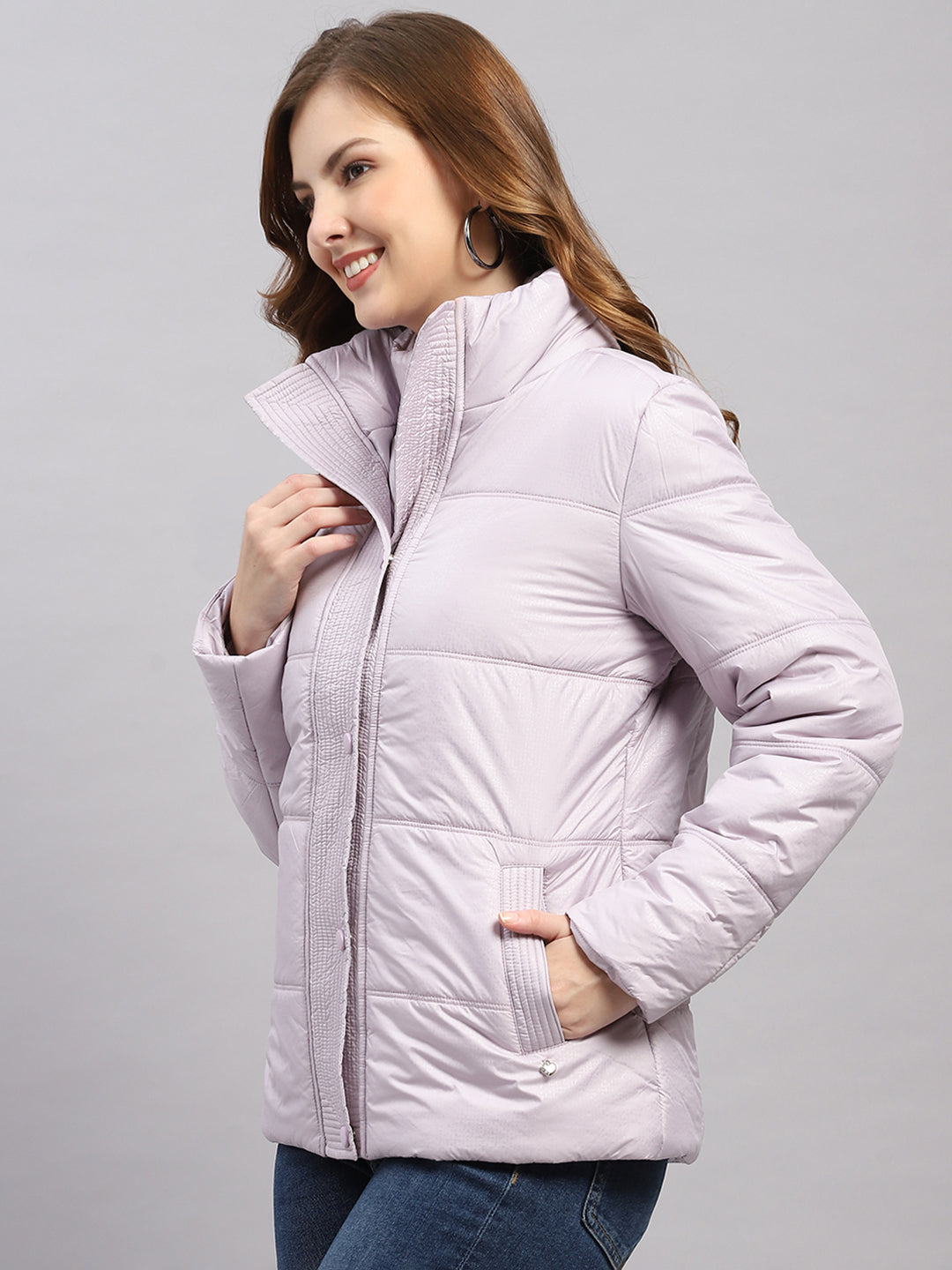 Women Purple Printed Collar Full Sleeve Jacket