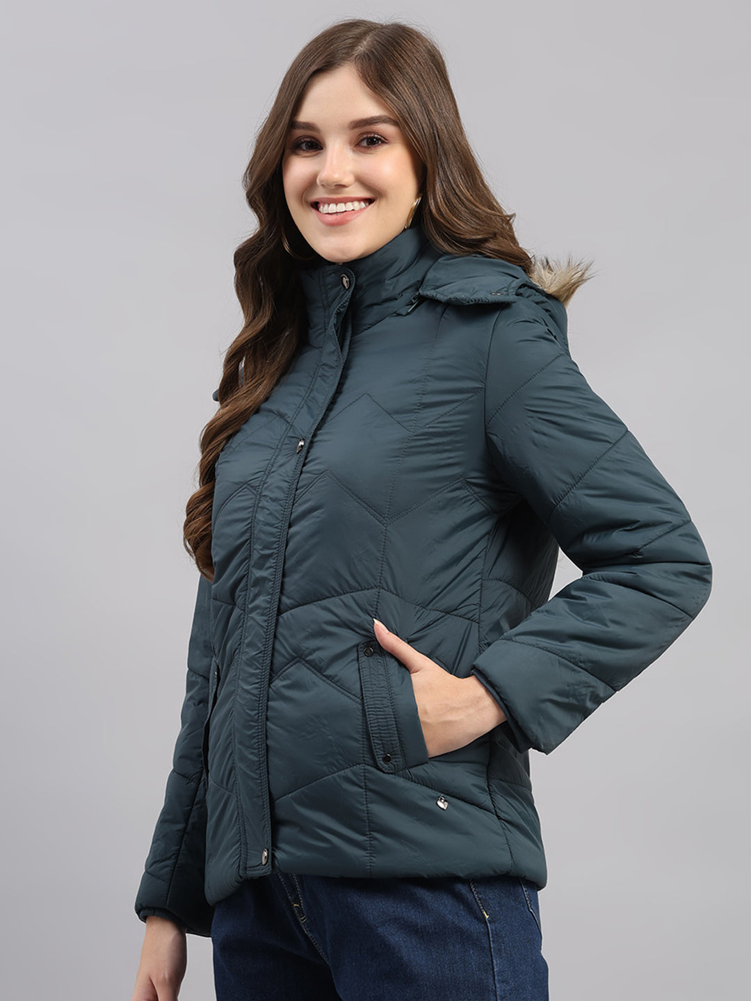 Women Teal Blue Self Design Hooded Full Sleeve Jacket