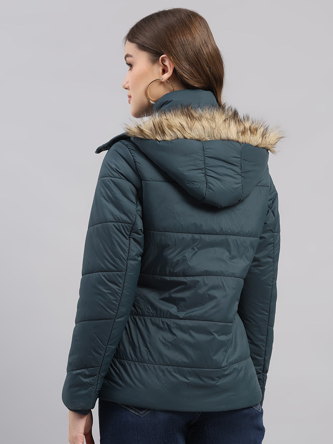 Women Teal Blue Self Design Hooded Full Sleeve Jacket