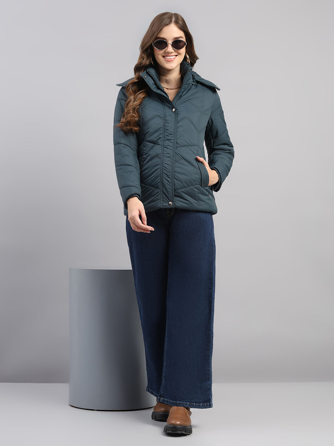 Women Teal Blue Self Design Hooded Full Sleeve Jacket