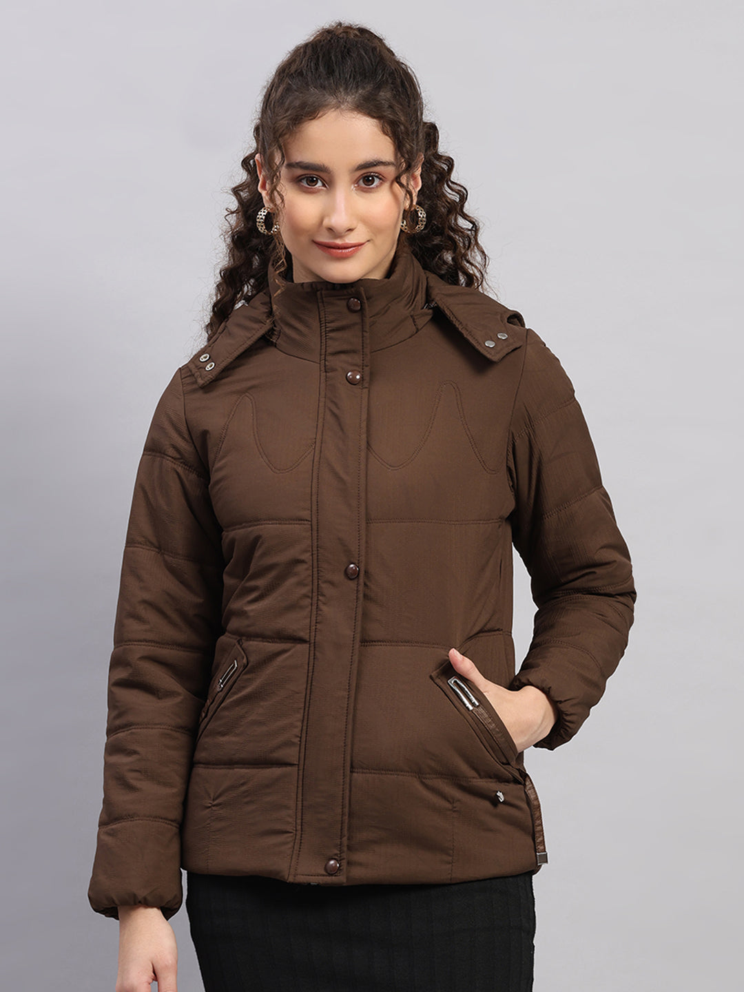 Women Brown Printed Hooded Full Sleeve Jacket