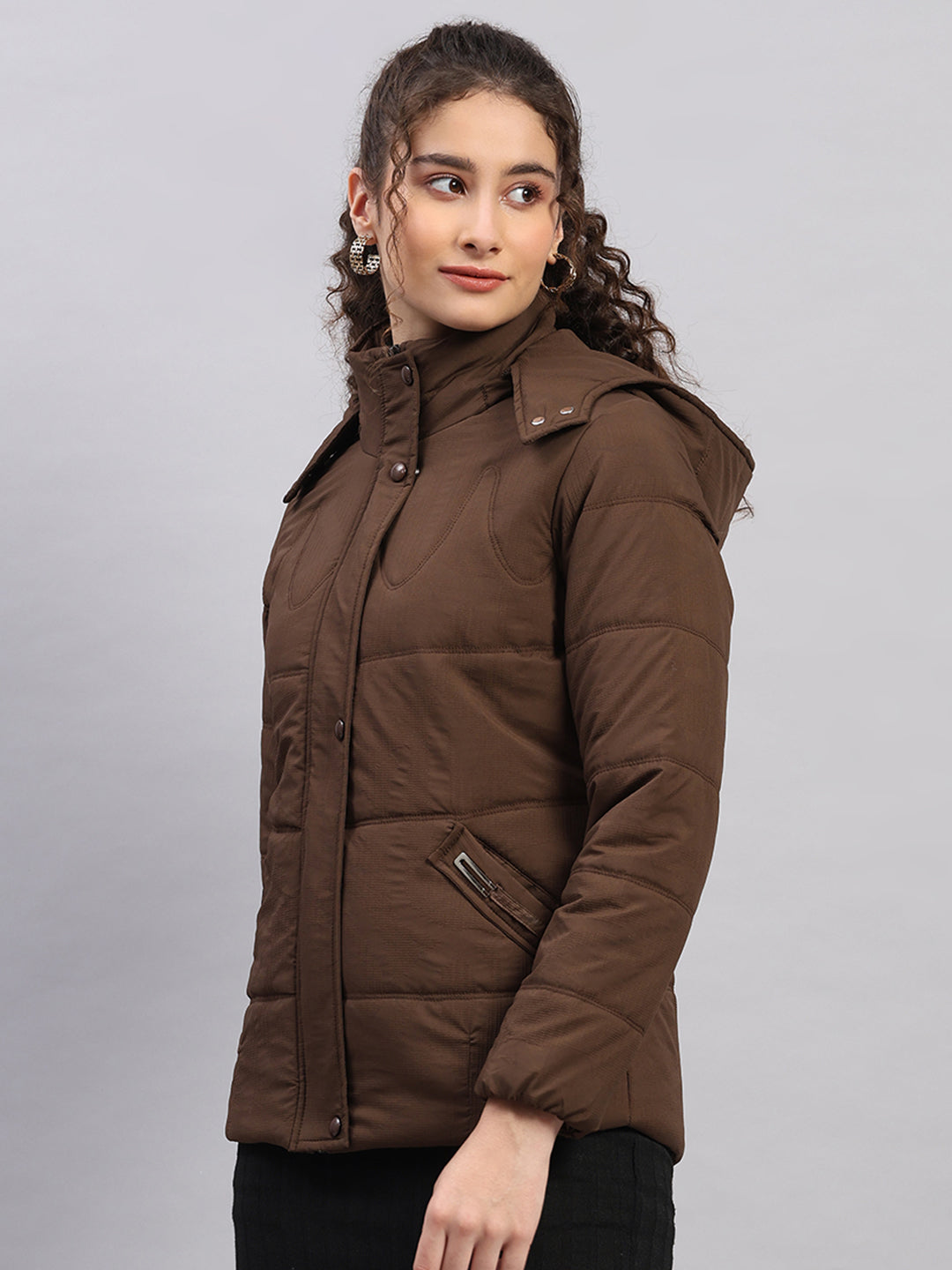 Women Brown Printed Hooded Full Sleeve Jacket