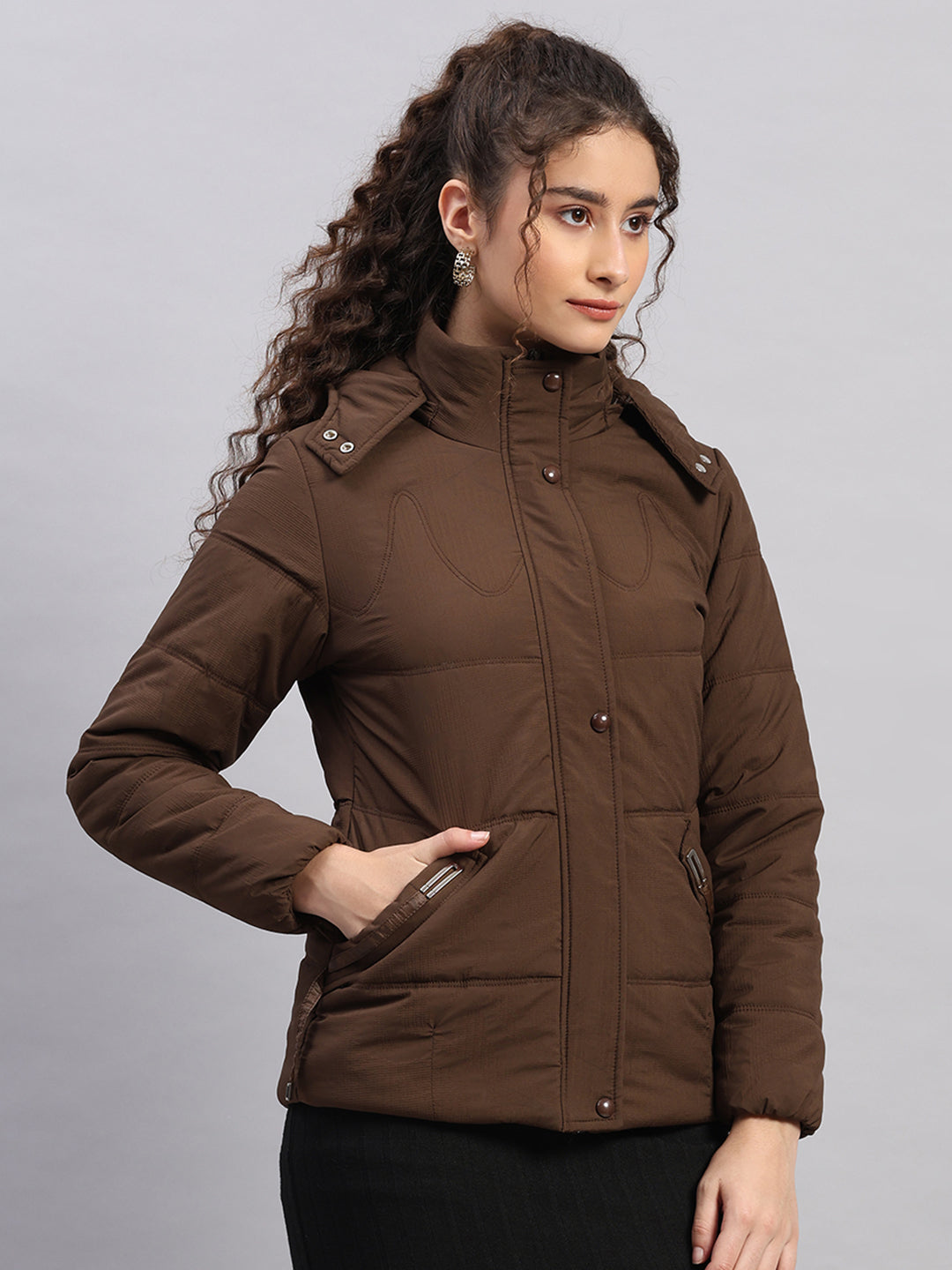 Women Brown Printed Hooded Full Sleeve Jacket