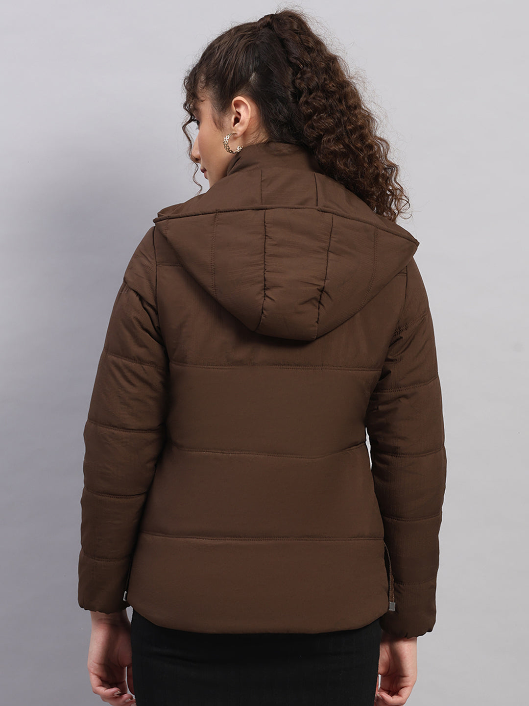 Women Brown Printed Hooded Full Sleeve Jacket
