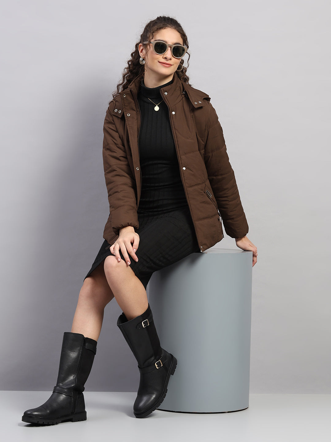 Women Brown Printed Hooded Full Sleeve Jacket