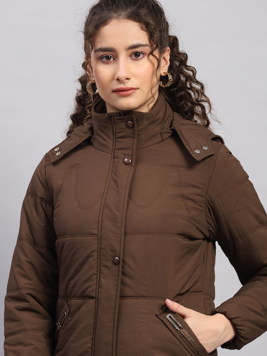 Women Brown Printed Hooded Full Sleeve Jacket