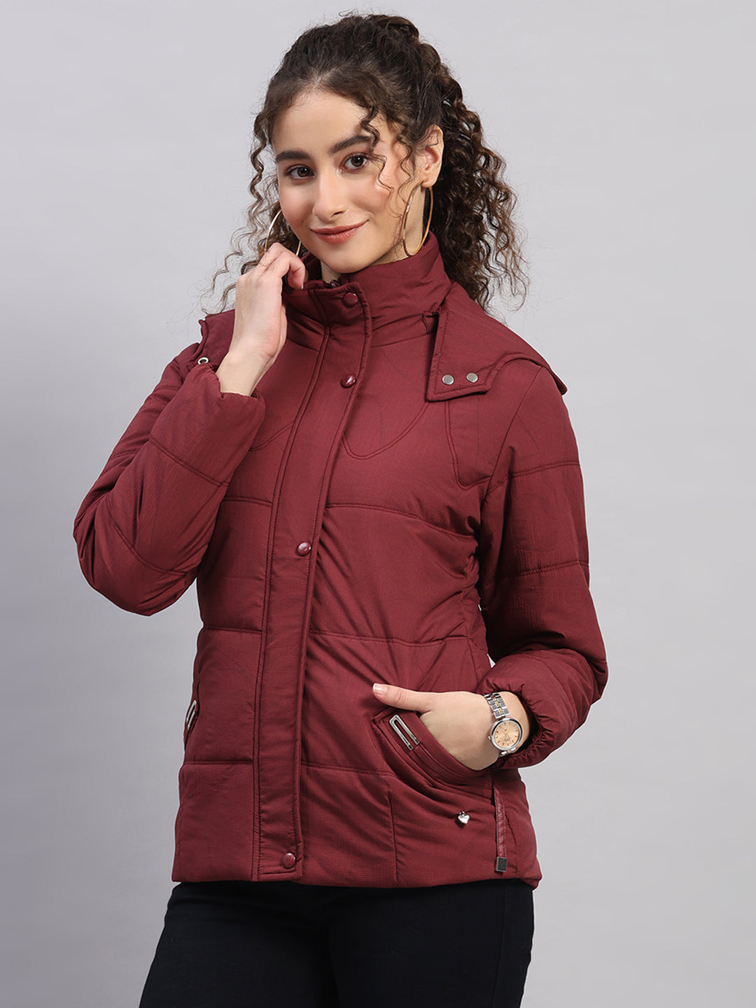 Women Maroon Printed Hooded Full Sleeve Jacket