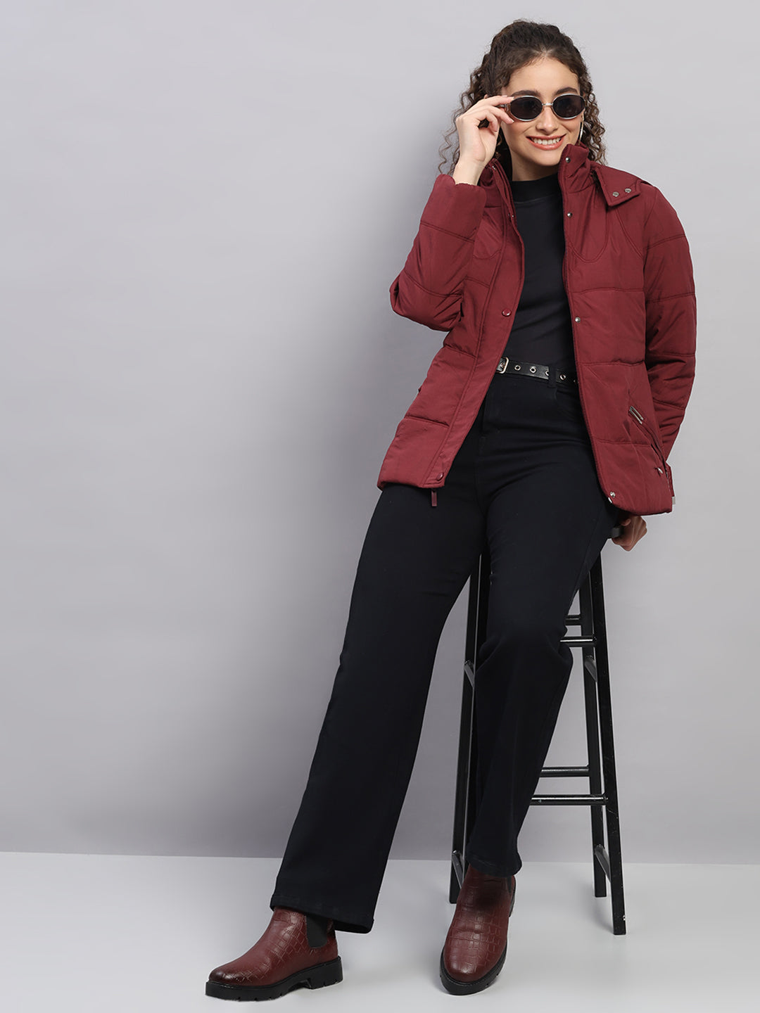 Women Maroon Printed Hooded Full Sleeve Jacket