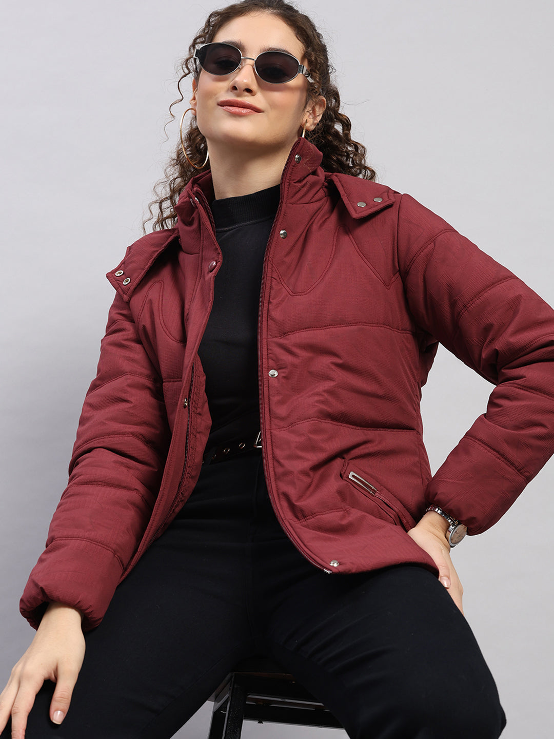 Women Maroon Printed Hooded Full Sleeve Jacket