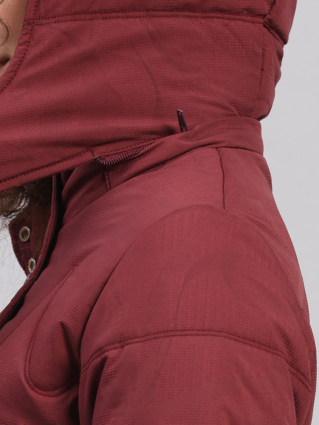 Women Maroon Printed Hooded Full Sleeve Jacket