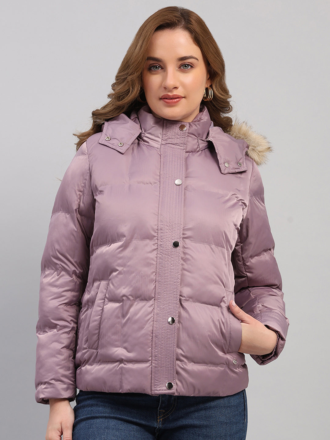 Women Mauve Self Design Hooded Full Sleeve Jacket