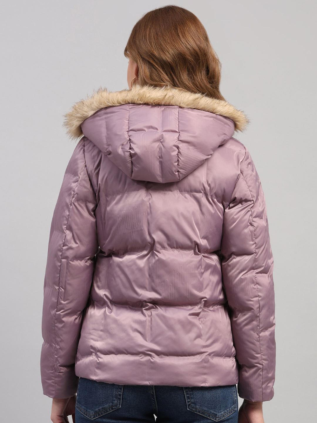 Women Mauve Self Design Hooded Full Sleeve Jacket