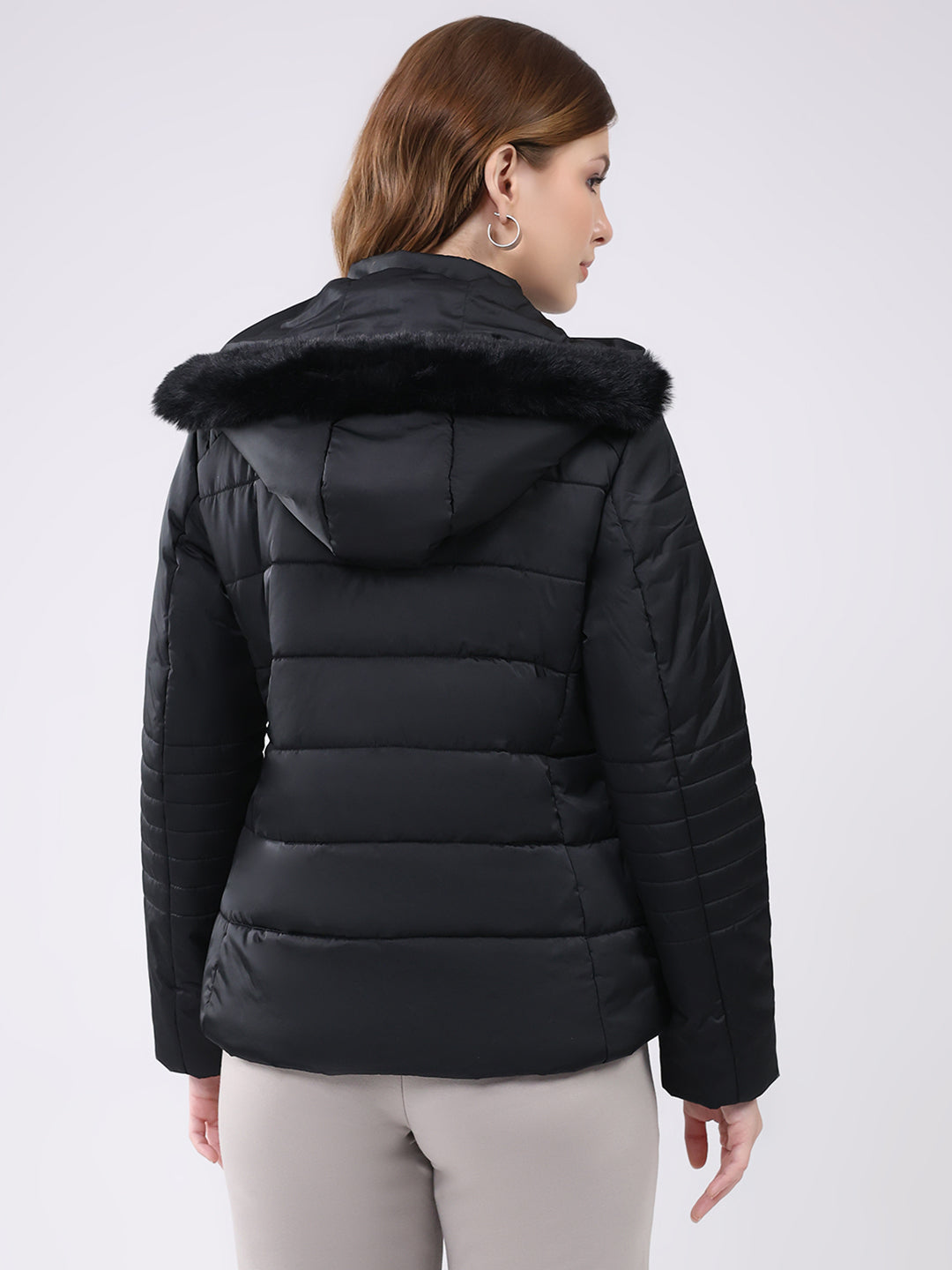 Women Black Solid Hooded Full Sleeve Jacket