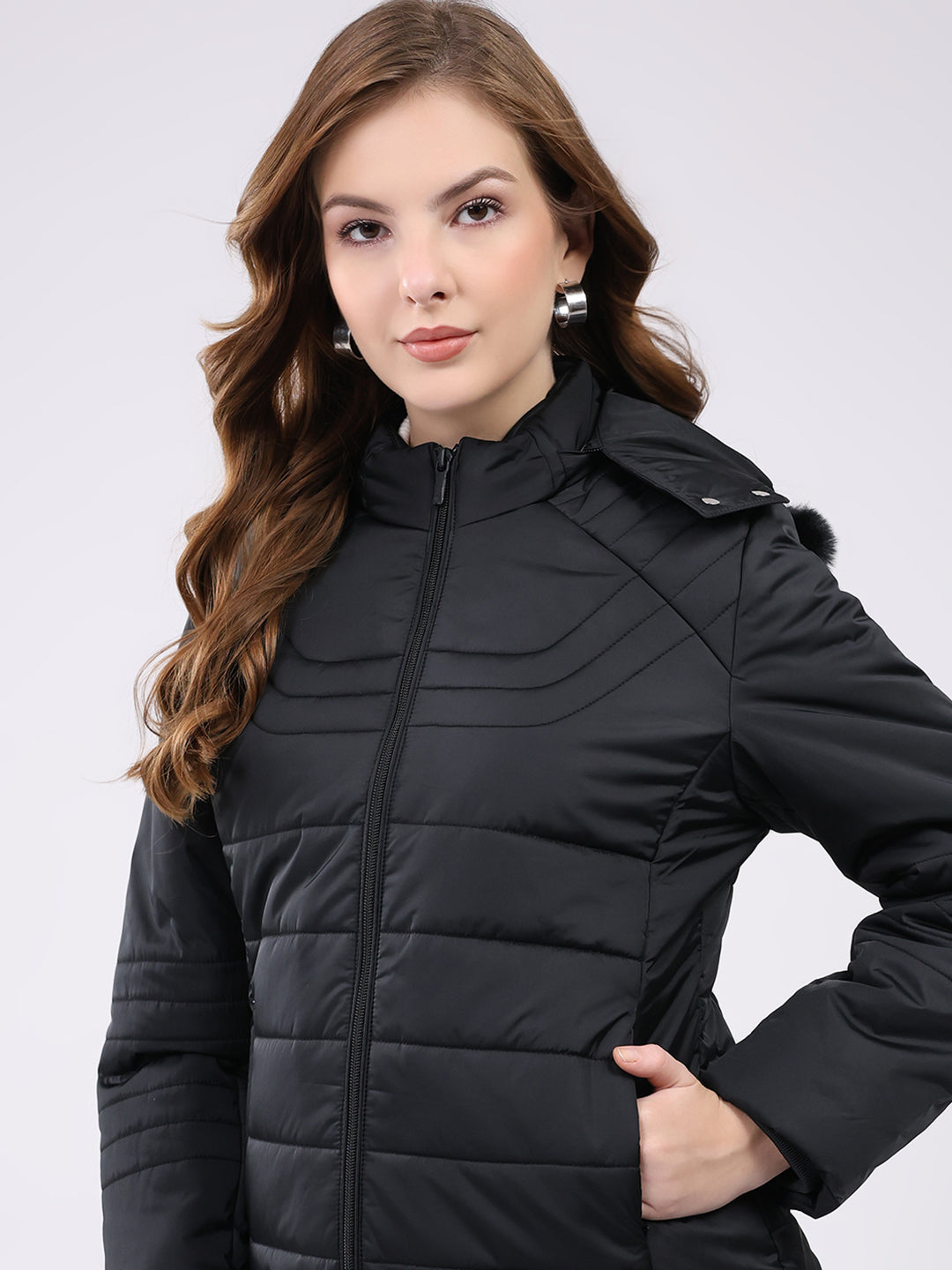 Women Black Solid Hooded Full Sleeve Jacket
