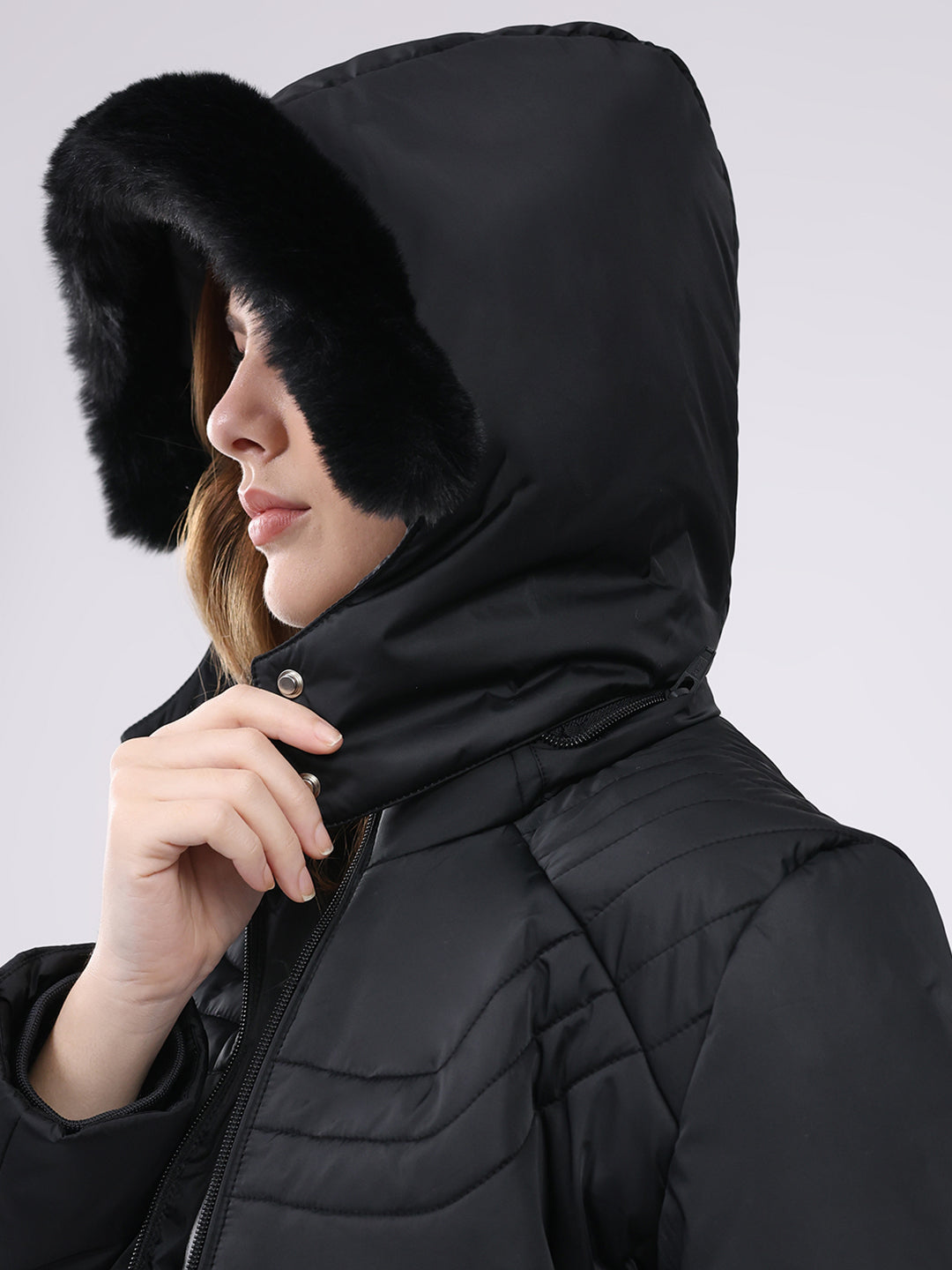 Women Black Solid Hooded Full Sleeve Jacket